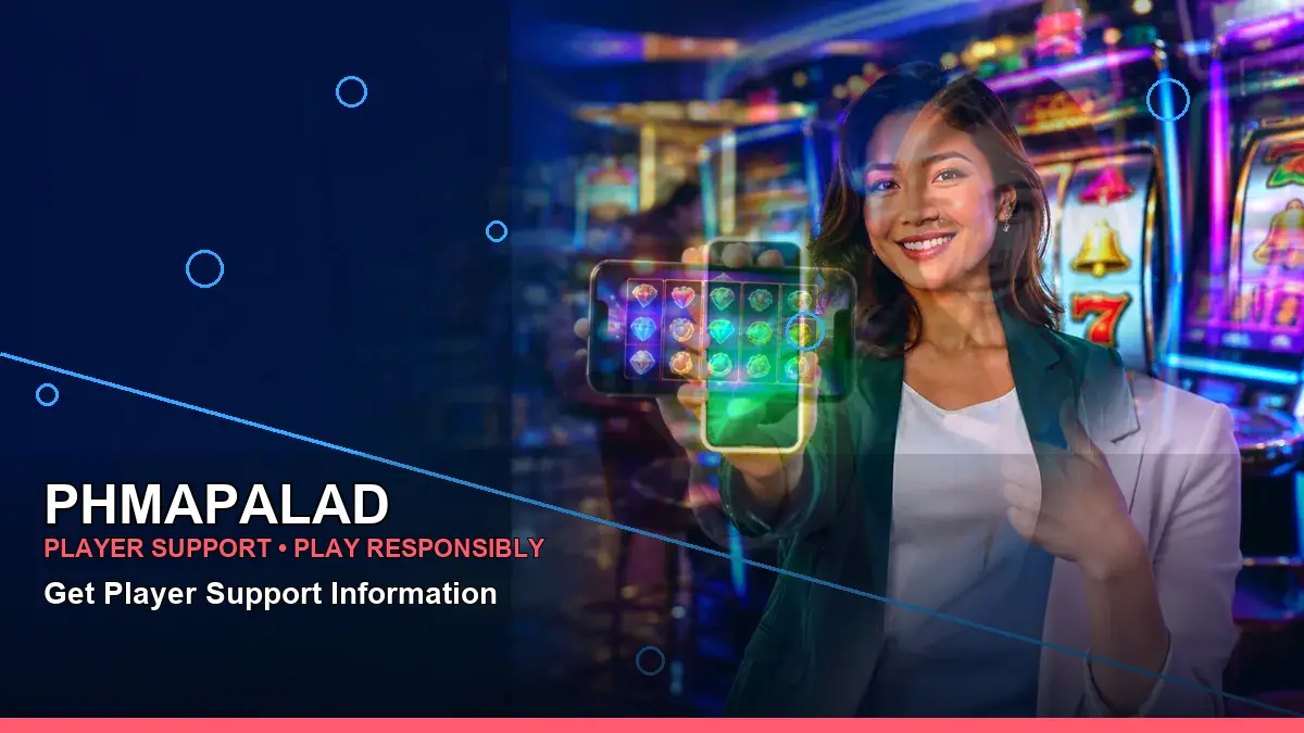 PHMAPALAD mobile casino app featuring an adult Filipina casino host with a right-framed composition