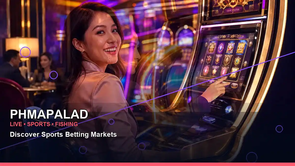 PHMAPALAD burst free spins slot games featuring an adult Filipina casino host with a layered collage composition