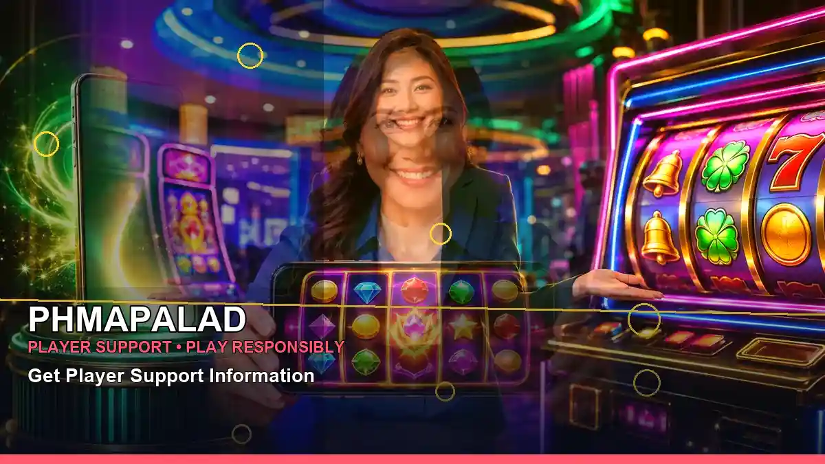 PHMAPALAD lucky reels online slot games featuring an adult Filipina casino host with a right close-up composition